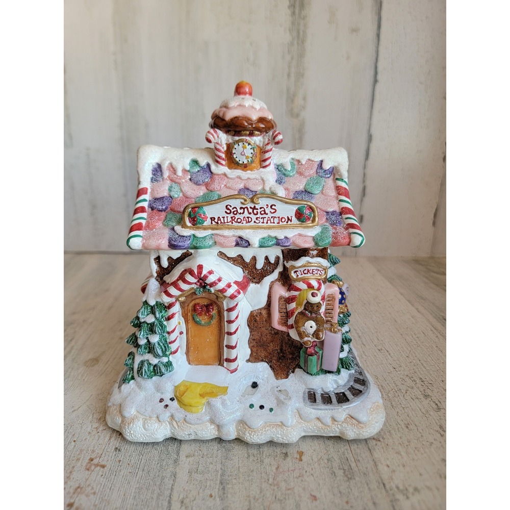 Fitz Floyd Santa's railroad station AS IS gingerbread glitter music box‎ Xmas